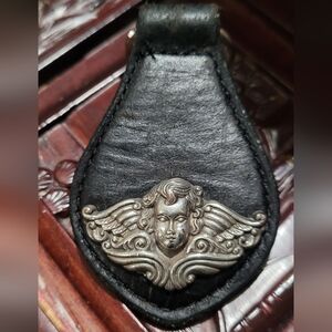 Brighton One World Collection- Black Leather Keychain with Silver Cherub, 90s